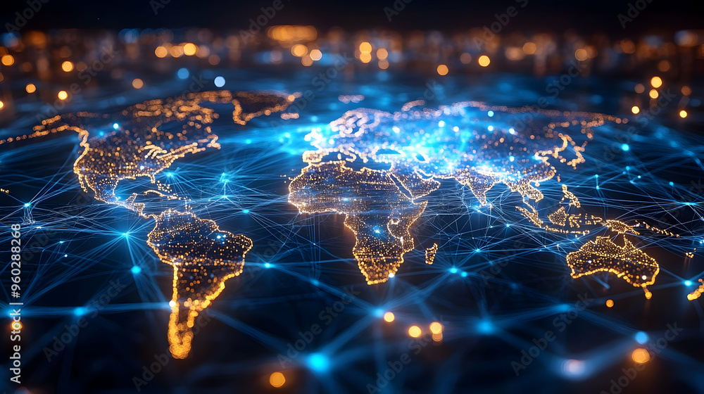 Aufkleber digital representation of a connected world map with networks.