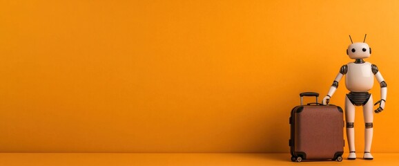 Fototapeta premium A robot is standing next to a suitcase on a yellow background