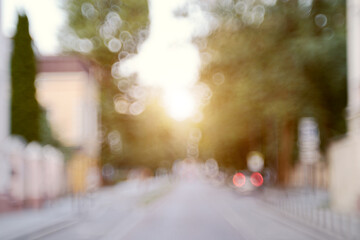 blurred vintage street urban landmark unfocused bokeh view with car road straight path way and...