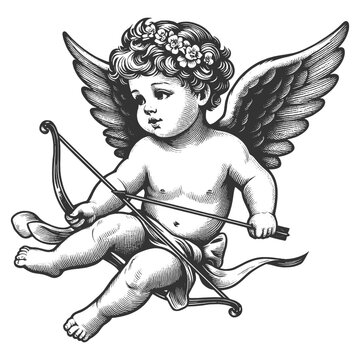 recommend clip art: Cupid cherub holding a bow and arrow, Love Valentines day symbol, themes of love and mythology sketch engraving generative ai vector illustration. Scratch board imitation. Black and white image.