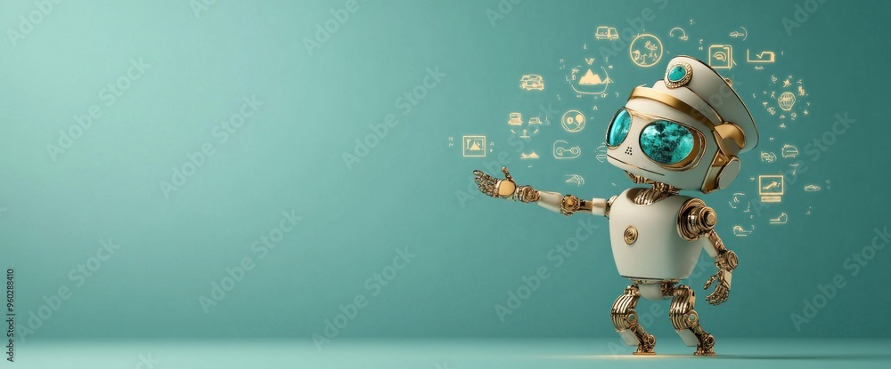 Poster a robot is standing on a green background with a lot of icons surrounding it