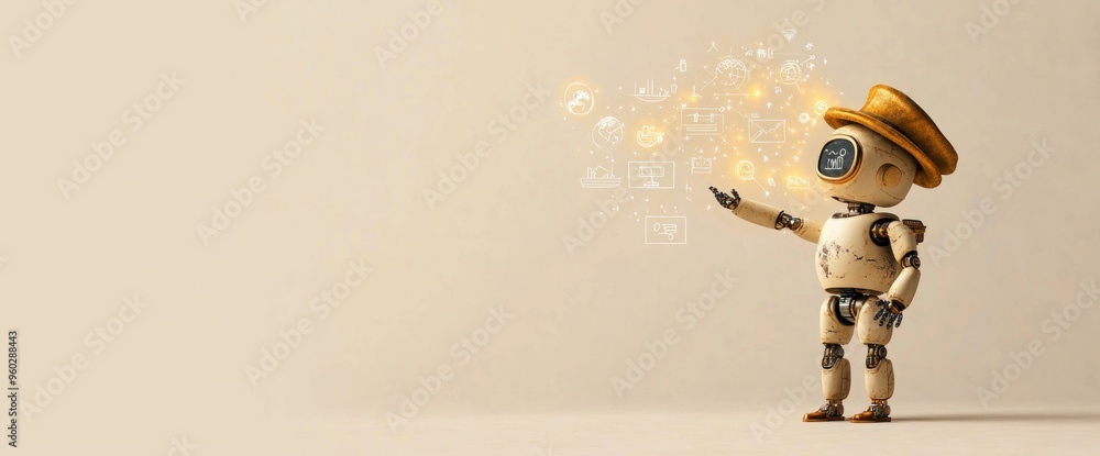 Poster a robot is standing in front of a white background with a hat on its head