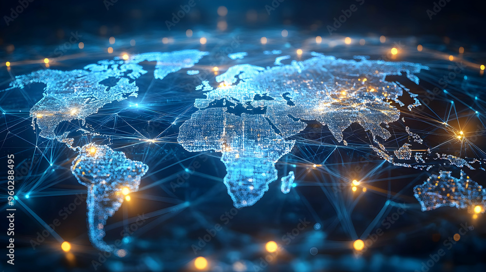 Poster digital representation of a global network map.