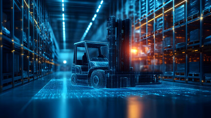 Obraz premium Digital representation of a forklift in a warehouse setting.