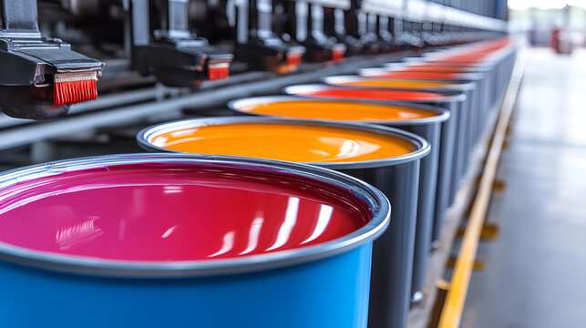 Vibrant paint cans lined up in a manufacturing facility with bright colors showcasing the art of production