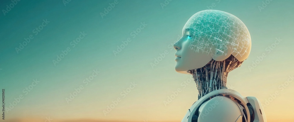 Poster a robot with a head and a backpack is standing in front of a blue sky