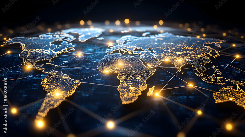 Poster digital representation of a global network with illuminated cities.