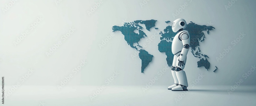 Poster a robot stands in front of a map of the world