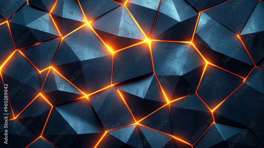 Poster intricate geometric patterns with glowing orange lines contrasting against dark textured surfaces in