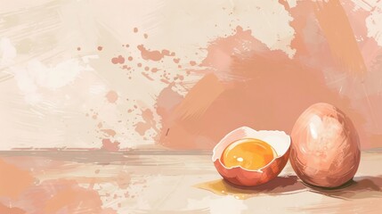 watercolor illustration, vintage postcard, World Egg Day, broken chicken egg, light beige background, white background, copy space, free space for text