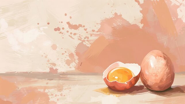 watercolor illustration, vintage postcard, World Egg Day, broken chicken egg, light beige background, white background, copy space, free space for text