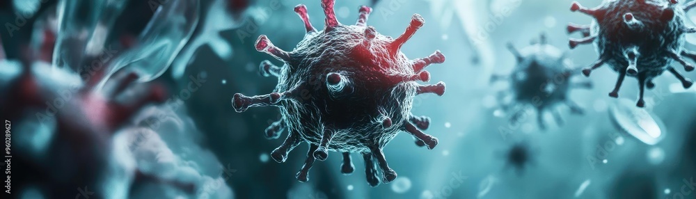 Poster a high-resolution microscopic view of a virus, showcasing its unique structure and vibrant colors, i