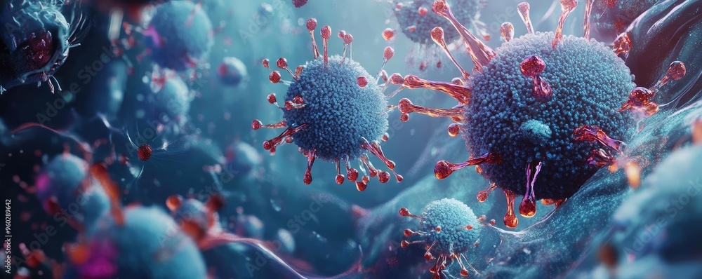 Poster dynamic close-up of virus particles in a scientific visualization, showcasing intricate details and 