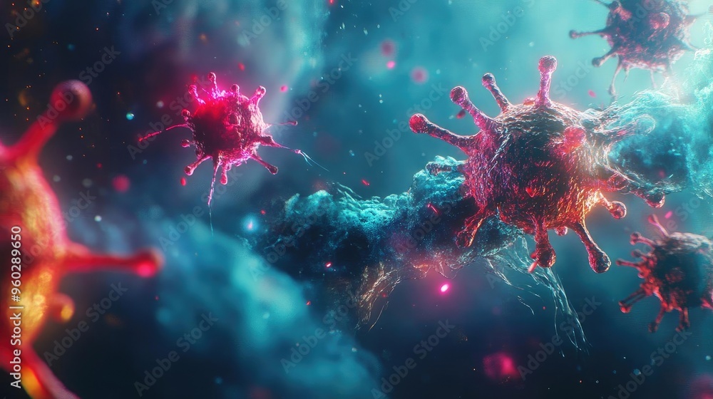 Poster vibrant microscopic view of viruses in dynamic colors, showcasing the complex structure and beauty o