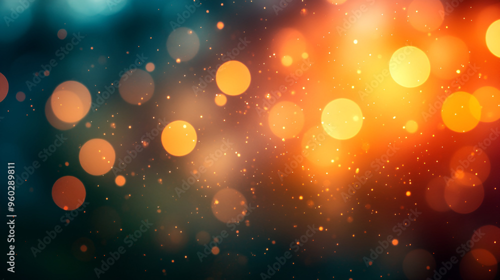 Poster bokeh effect with vibrant orange and gold particles creating a dreamy atmosphere in soft focus backg