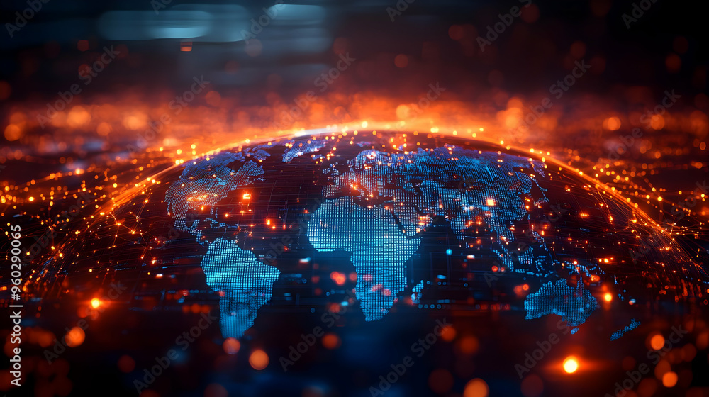 Poster digital representation of earth with glowing connections and data.