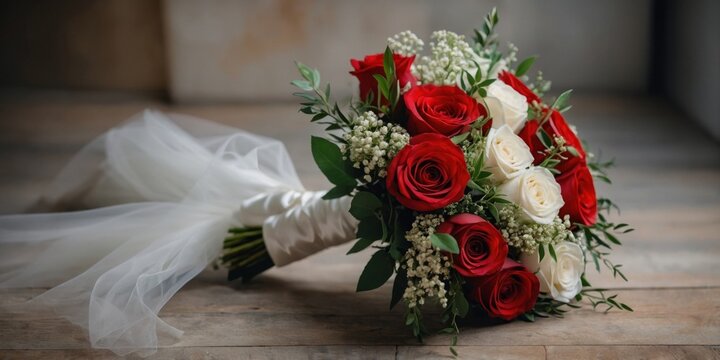 bridal bouquet of bride from red and white roses and green branches.