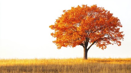 Fototapeta premium A lone tree stands in a field, leaves ablaze with autumn colors. This image can be used to represent change, beauty, and the cycle of nature.