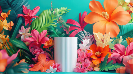 Obraz premium An exquisite white pedestal set against a vibrant 3D origami backdrop featuring tropical flowers in masculine colors.