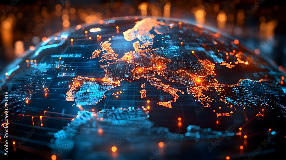 Poster digital representation of europe with glowing data connections.