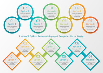 2 sets of 7 options business infographic template, theme of linked colorful circle shape group and diamond square shape group