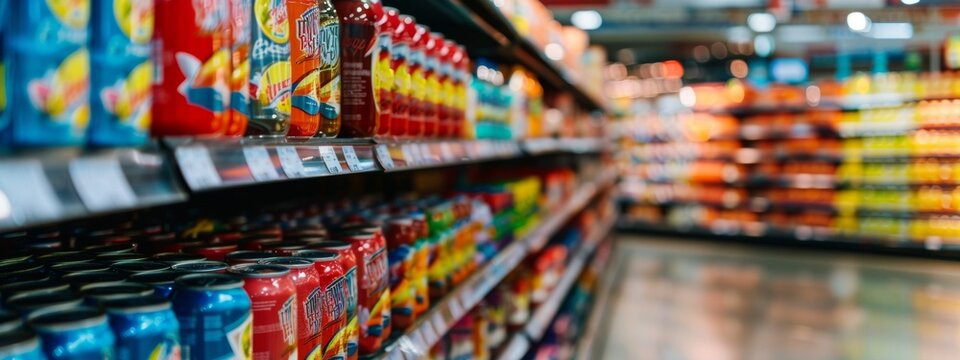 Colorful beverage cans on supermarket shelves with a blurry background