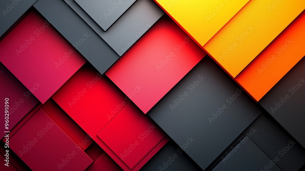 Poster dynamic geometric pattern with layers of red, black, and orange shapes creating a modern abstract de