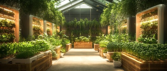 Obraz premium Modern Greenhouse with Rows of Planted Herbs