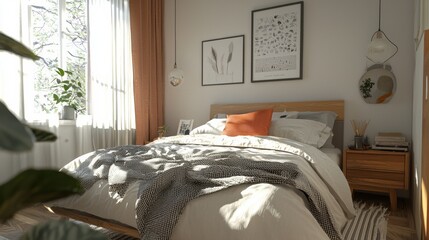 Cozy and Modern Bedroom Decor with Minimalist Wall Art and Plant Accents