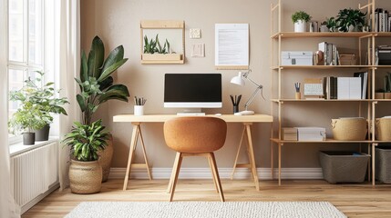 Cozy and Organized Workspace with Laptop Shelves and Potted Plant in Minimal Home Office Interior