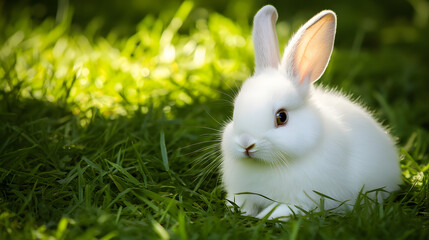 Obraz premium Endearing Portrait of a Fluffy White Bunny with Long Ears and Bright Eyes, Sitting Among Fresh Green Grass. This Adorable Bunny Exudes Charm and Innocence in a Natural, Serene Outdoor Setting