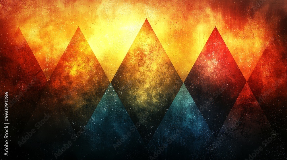 Poster vibrant abstract geometric pattern with fiery colors in dynamic triangular shapes creating a strikin