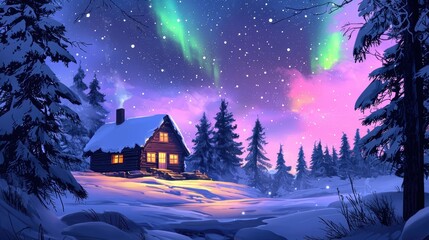 Naklejka premium Cozy Cabin Beneath Mesmerizing Aurora Borealis in Snowy Winter Landscape