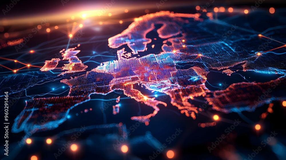 Poster Digital representation of Europe with interconnected nodes.