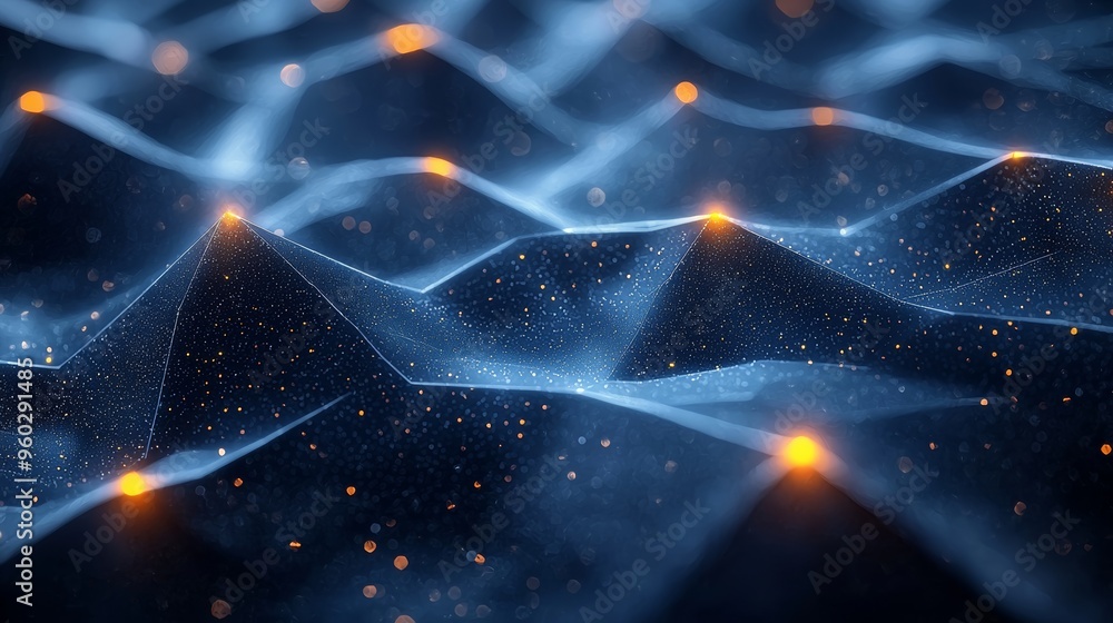 Poster abstract representation of waves and particles illuminated by warm light in a cosmic setting