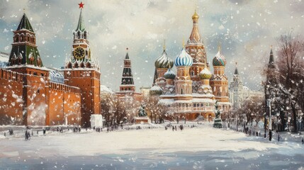 Obraz premium Winter view of Red Square in Moscow, with the snow-covered Kremlin and St. Basil's Cathedral.