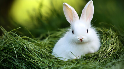 Endearing Portrait of a Fluffy White Bunny with Long Ears and Bright Eyes, Sitting Among Fresh Green Grass. This Adorable Bunny Exudes Charm and Innocence in a Natural, Serene Outdoor Setting
