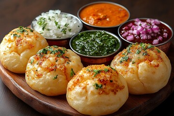 Traditional Indian Pani Puri Displayed with Various Chutneys and Spices