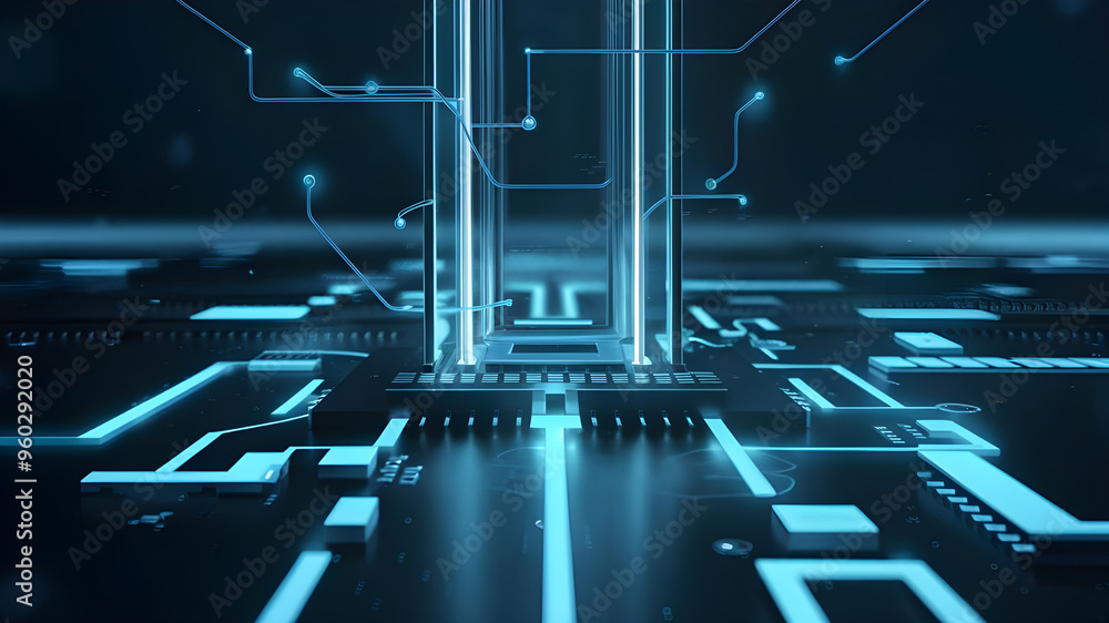 Fototapete futuristic circuit board with central processor. a captivating image of a complex circuit board, sho