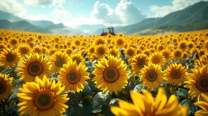 Obraz premium the tractor works in the sunflower field