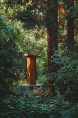 Wooden podium nestled in a serene outdoor garden forest, surrounded by lush greenery and towering