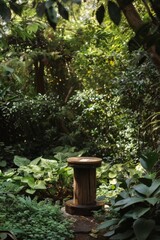 Wooden podium nestled in a serene outdoor garden forest, surrounded by lush greenery and towering