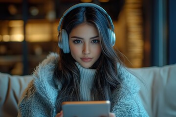 With headphones on an Indian Asian woman highlights her smartphone with an empty screen