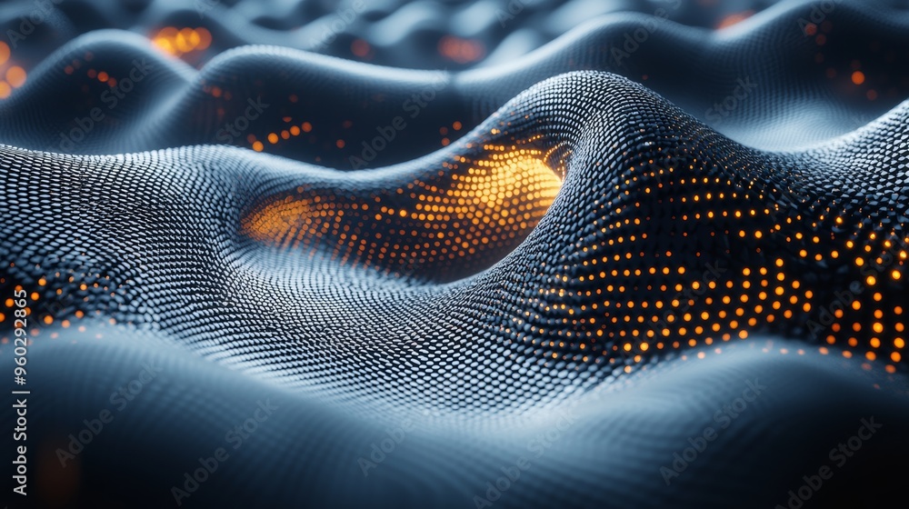 Poster Abstract wave patterns with glowing elements create a mesmerizing visual experience in a digital landscape at night