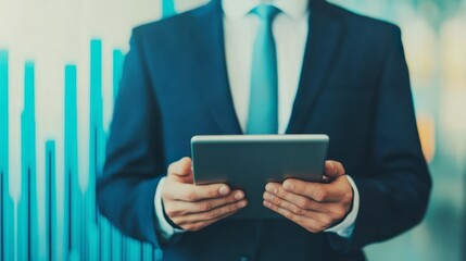 A businessman holding a tablet, showcasing modern technology in a corporate environment with data charts in the background.