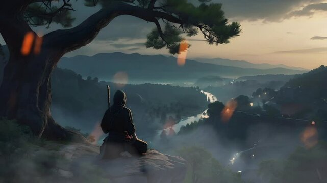 A ninja beside a large tree on a cliff at night, a village is visible below the cliff. Seamless 4K looping timelapse video animation background