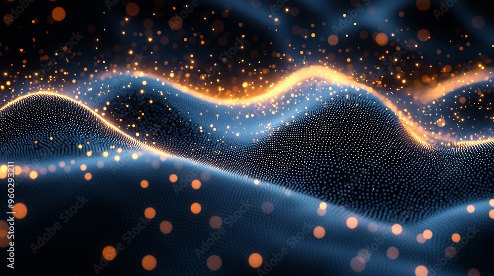 Poster abstract waves of light and particles create a mesmerizing glow in a dark setting showcasing dynamic