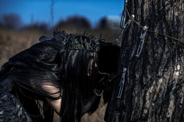 Naklejka premium Goddess of death with black wings on a dried field