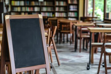 A blackboard stand is set up in a charming bookstore, ready to display upcoming events and book recommendations as sunlight filters through the windows