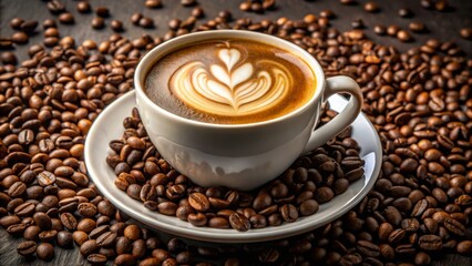 A beautifully crafted latte in a white cup, surrounded by roasted coffee beans, perfect for coffee lovers and baristas.